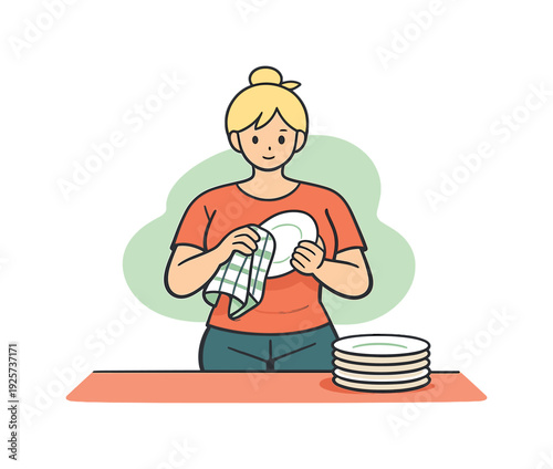 Woman drying a plate with a checkered towel, stack of clean dishes nearby