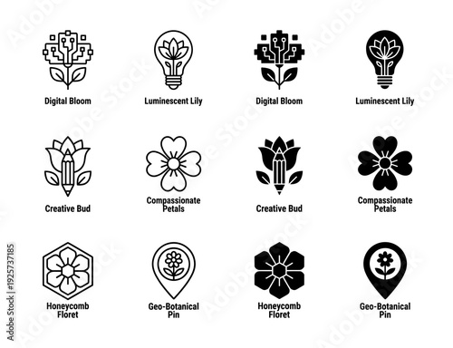 Collection of botanical hybrid icons featuring creative mergers of floral elements with technology tools lightbulbs pencils and location markers