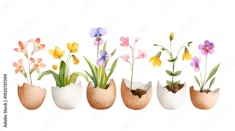 Naklejka premium Watercolor illustration of colorful flowers growing in cracked eggshells, showcasing a variety of plant species and vibrant colors on a transparent background