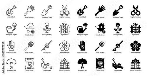 Hybrid Gardening Icons Featuring Conceptual Tools Merged With Time Nature and Energy Symbols in Minimalist Outline and Solid Flat Vector Styles