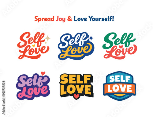 Self Love Logos. Modern holiday banner with short greeting slogan featuring modern lettering logo set for Self Love, stock-ready