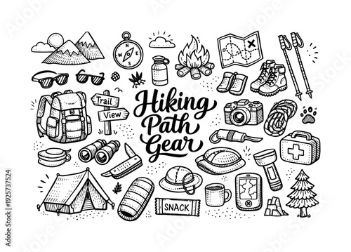 Outdoor Hiking Doodle Art. Outdoor hiking path gear, hand drawn doodle elements set, center hand-lettered title, black & white