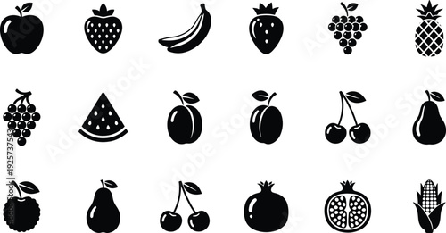 Collection of various fruit icons in black silhouette