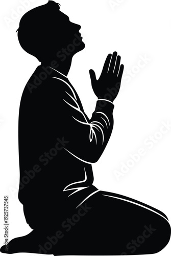 Man praying on knees silhouette, spiritual worship concept black and white vector illustration isolated on clean background