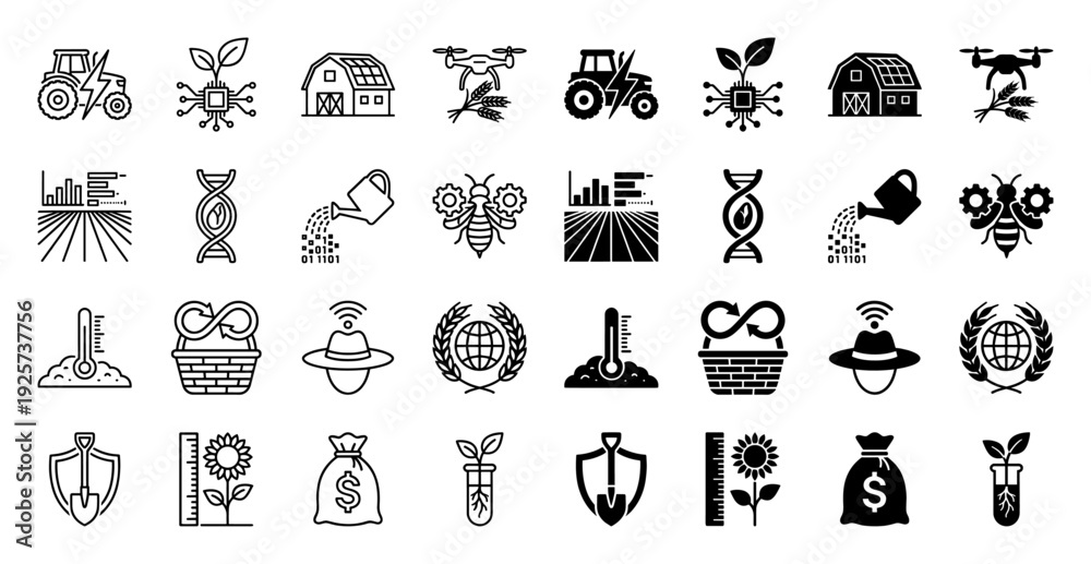 Fototapeta premium Smart agriculture and agritech hybrid icon set featuring electric tractor drone crop monitoring biotechnology and sustainable farming symbols