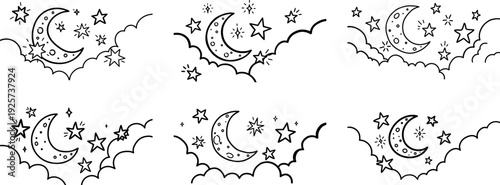 Cute night sky doodle vector illustration set featuring patterned crescent moon twinkling stars and fluffy clouds for children bedroom decor Ramadan greetings and sweet dreams bedtime design elements