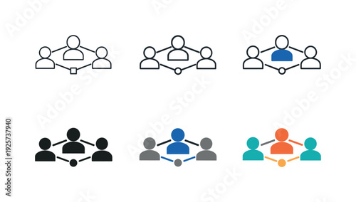 Set of icons representing network connections and team collaboration with diverse color schemes