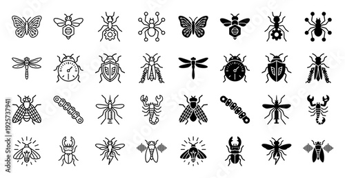 Collection of hybrid insect icons merging biological bugs with mechanical elements including gear ants circuit butterflies and lightbulb moths