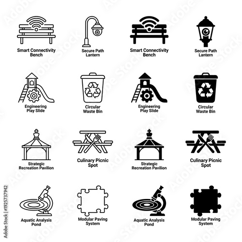 Collection of hybrid urban planning icons merging public park infrastructure with conceptual symbols for smart cities and sustainable landscaping