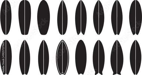 Black Silhouette Surfboard on White Background
