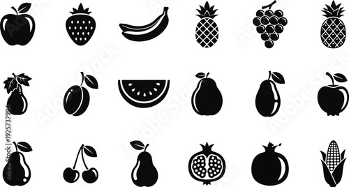 Collection of various fresh fruit icons in black silhouette