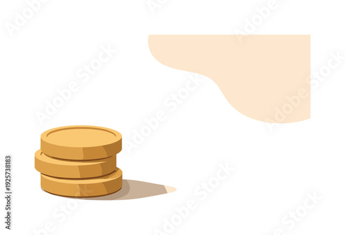 Stack of three golden coins casting a soft shadow on a neutral background with abstract shapes