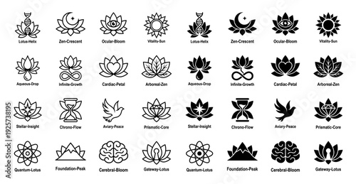 Abstract lotus flower hybrid icon set combining organic flora with metaphysical symbols like dna helix hourglass and brain in line and solid style