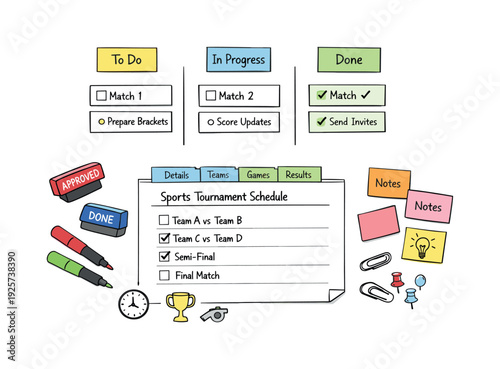 Kanban task cards on paper, column headers on sticky notes, stamps and markers, checklist symbols for Sports tournament schedule