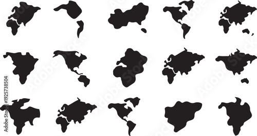 Black Silhouettes of Maps in Various Orientations and Fragmentations globe earth