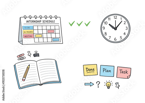 Desk calendar page, notebook, sticky notes and a wall clock, checkmarks and event blocks for Internship schedule notes with tabs,