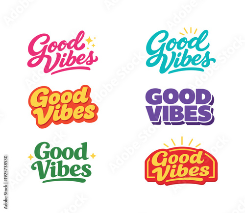 Collection of "Good Vibes" text graphics in various retro and modern styles