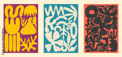 Three abstract posters with organic cut out shapes on colorful textured backgrounds