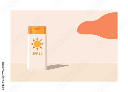 Sunscreen bottle with SPF 30 protection and sun icon, minimalist design