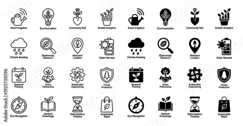 Sustainable agriculture and green energy icons featuring hybrid symbols like a solar battery plant and an hourglass sapling in outline and solid styles