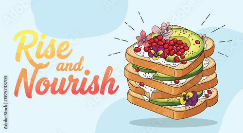 Stacked toast with fruits and vegetables, Rise and Nourish text
