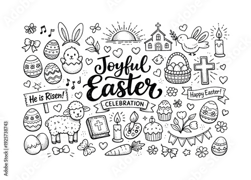 Joyful Easter light celebration, hand drawn doodle elements set, center hand-lettered title, black & white vector line art, bold