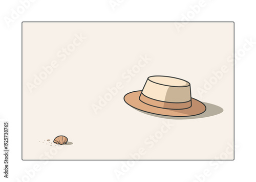 A straw hat and a seashell rest on a sandy beach with a light background