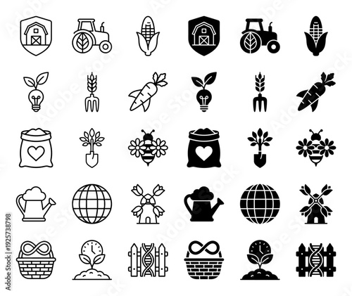 Sustainable agriculture and smart farming icons featuring hybrid metaphors of nature and technology like DNA fences and lightbulb plant growth