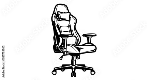 Black and white gaming chair vector, bold line art, high contrast, minimal shading, clean outlines, isolated on white background