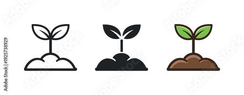 Sprouting Plant Trio. Development context represented by a sprouting plant emerging from a small mound, single clear form repeated