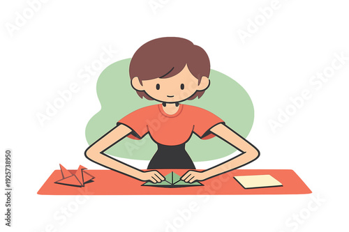 Inside child folds paper shapes at a table, arms reaching forward, corners matched carefully with care. | paper shapes, paper
