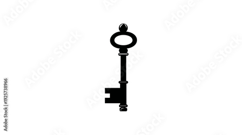 A silhouette of a vintage key, rendered in solid black, set against a stark, white backdrop