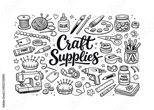 Craft Supplies Doodle. Craft hobby supplies illustration, hand drawn doodle elements set, center hand-lettered title, black &