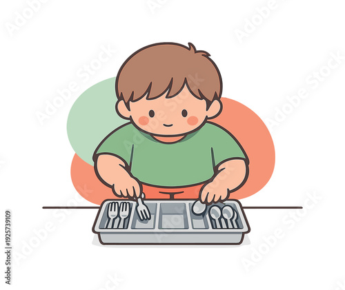 Small child sorts forks and spoons into a tray, hands moving carefully as metal pieces line up neatly on a clean table. | sorting