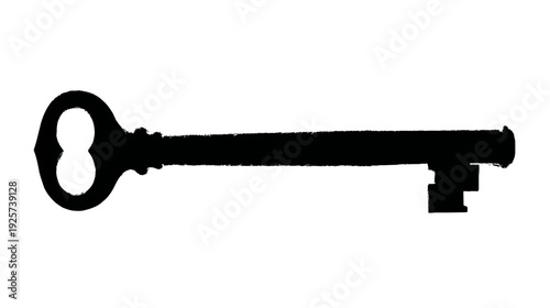 A black and white image of a skeleton key. The key is in silhouette, set against a white background