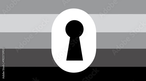 A flag with horizontal shades of gray with a white oval containing a black keyhole symbol