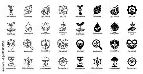 Hybrid agriculture and bioscience icon set featuring conceptual symbols merging nature with technology and data for sustainable farming innovation
