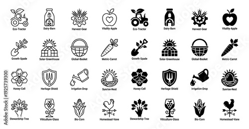 Hybrid agriculture icon set featuring conceptual fusions of organic farming symbols and sustainable growth elements in outline and solid styles