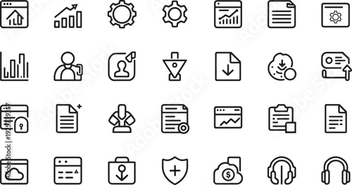 Business and technology line art icon set: Comprehensive collection of SaaS, data analytics, and web development symbols