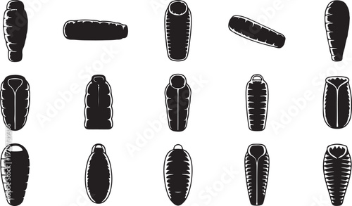 Collection of Black and White Sleeping Bag in Various Positions and Styles for Camping Outdoor