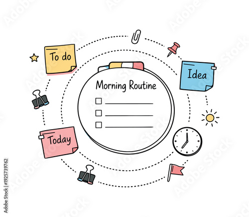 Circular planning wheel, orbiting sticky notes, tiny clock and flag icons, curved dotted paths for Morning routine checklist with