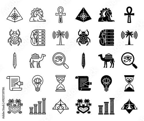 Ancient Egyptian Mythology and Modern Digital Technology Hybrid Icon Set Featuring Circuit Scarab Sphinx Server and Fiber Optic Papyrus Scroll