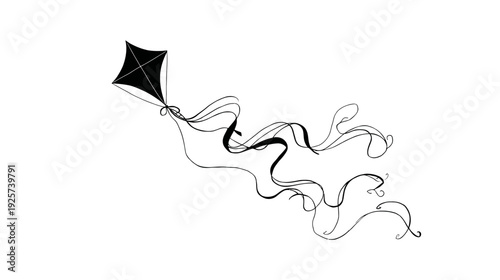 A black diamond kite with swirling streamers against a white background. Simple illustration