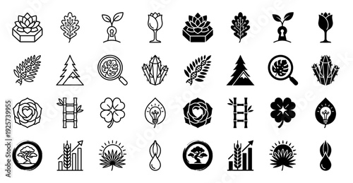 Abstract botanical hybrid icons merging nature with conceptual symbols like keyhole lightbulb and gears in minimalist outline and solid styles