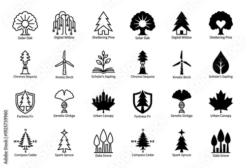 Abstract Hybrid Tree Icons Combining Botanical Species with Conceptual Symbols Like Solar Energy Hourglass DNA and Data Elements in Line and Solid Styles