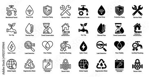 Hybrid plumbing and water conservation icon set featuring integrated symbols for sustainable utility management leak detection and smart irrigation