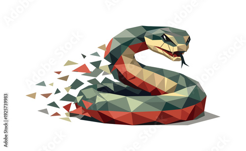 Low-poly vector illustration of a snake recoiling after the strike, controlled angular motion with body drawing back into a