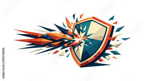 Shield Deflecting Shards. Low-poly vector illustration of a firewall shield actively blocking an attack, sharp triangular threat