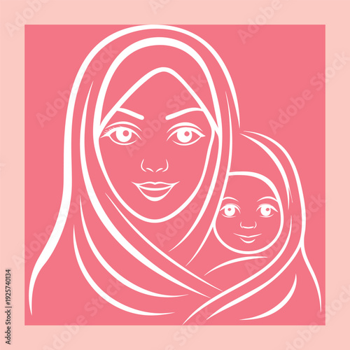Elegant illustration of a mother wearing a hijab tenderly holding her baby, a symbol of love, faith, and maternal care in a minimalist style.