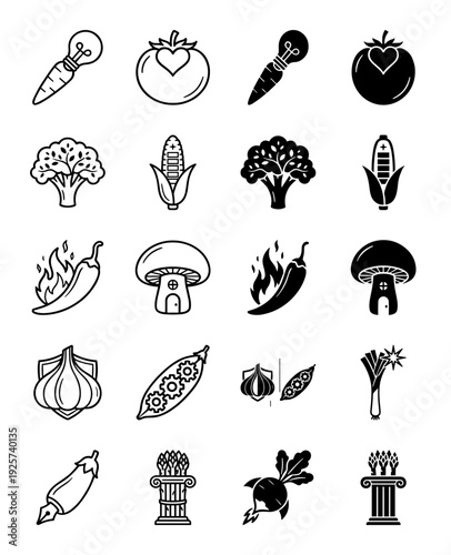 Creative hybrid vegetable icons combining organic produce with conceptual symbols like lightbulb carrot heart tomato and gear pea pod in outline and solid styles